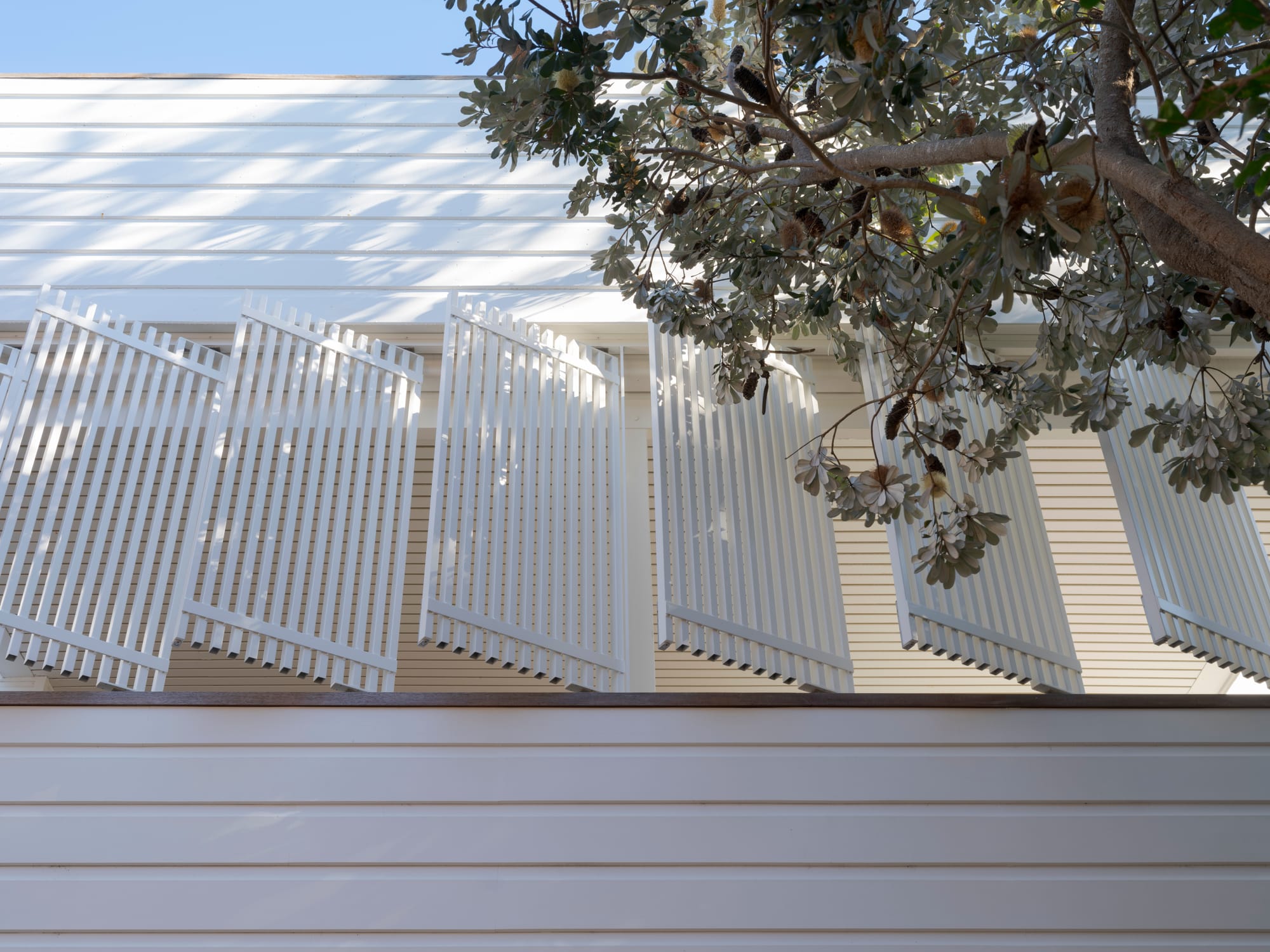 Three Points House by BIJL Architecture. Photography by Tom Ferguson.White louvre screens partially open over timber cladding, with tree shadows.