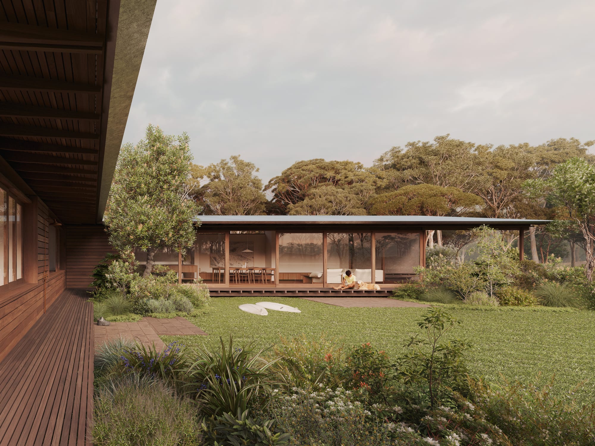 Corymbia by SAHA and Otetto. Render by CHOIRENDER. Pavilion home with wrap-around timber deck, large central grassed area and full height timber-framed glass windows and doors. 