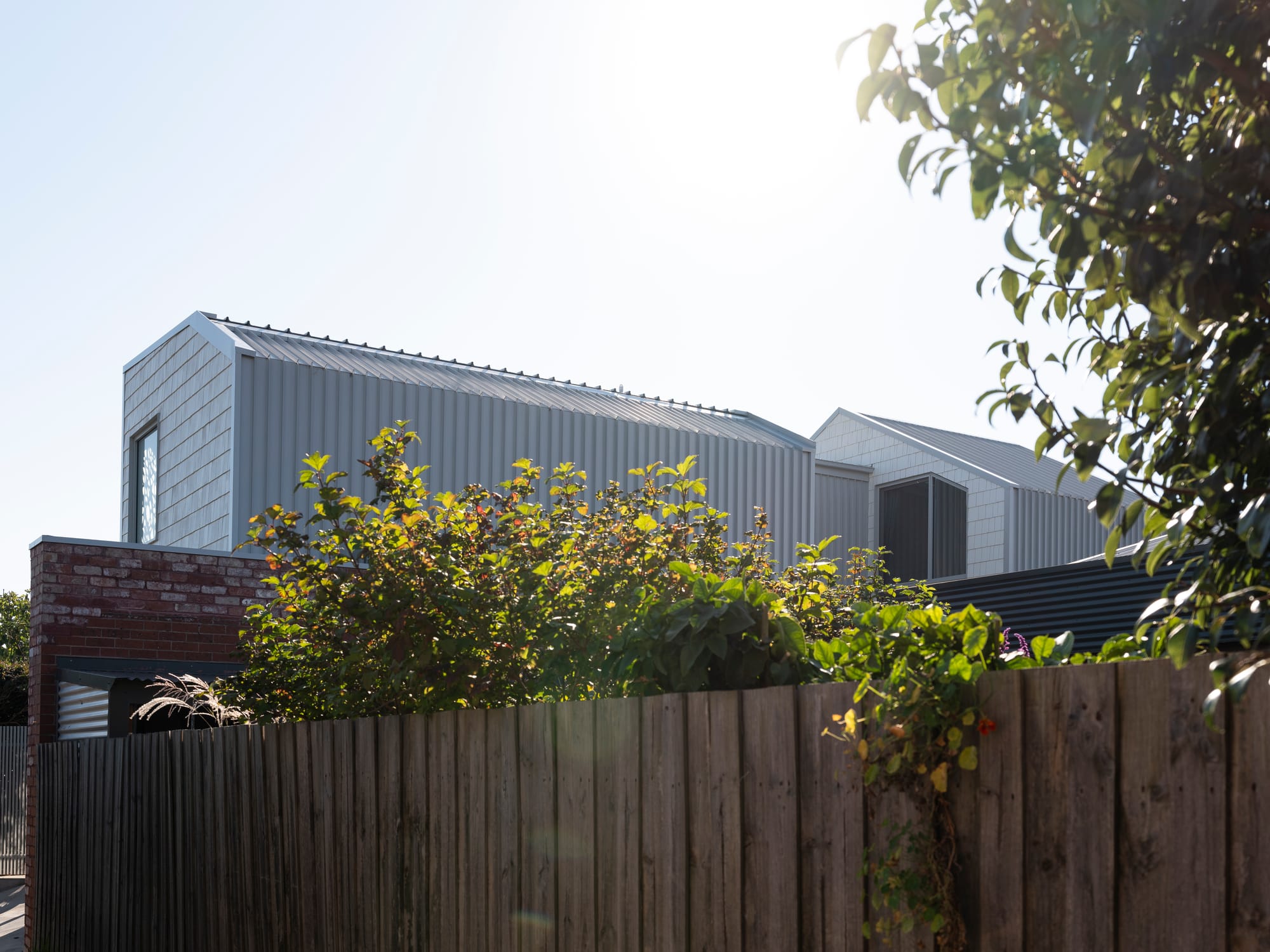 Merrilands by BIJL Architecture. Photography by Tom Ferguson. Metal clad roofline peaking above wooden slat fence with vines growing on top. 