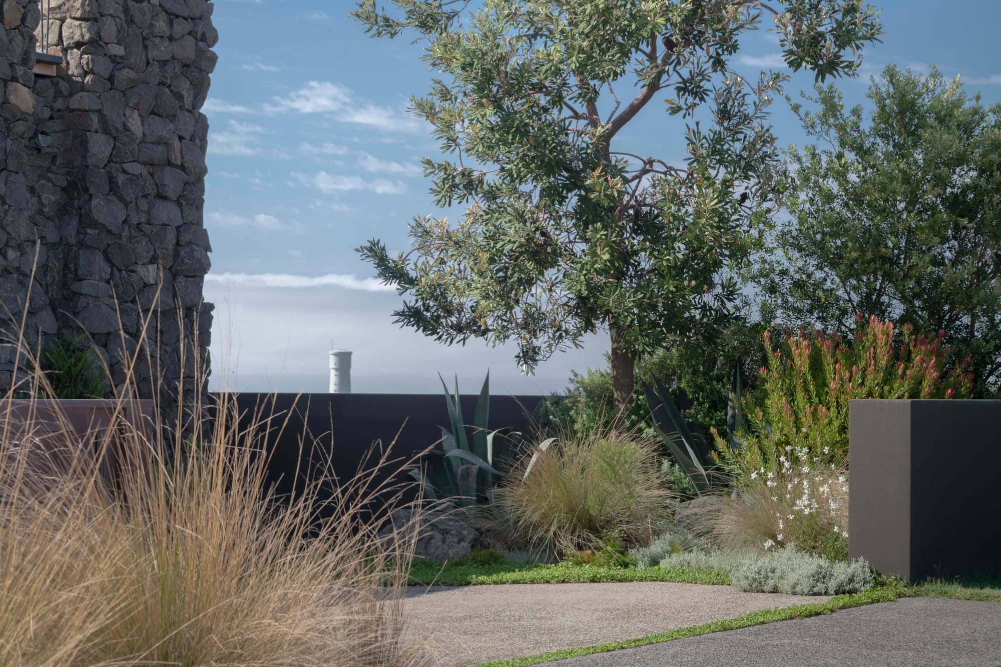 Stone House by Secret Gardens. Native and Mediterranean planting leading toward an ocean view at Stone House.
