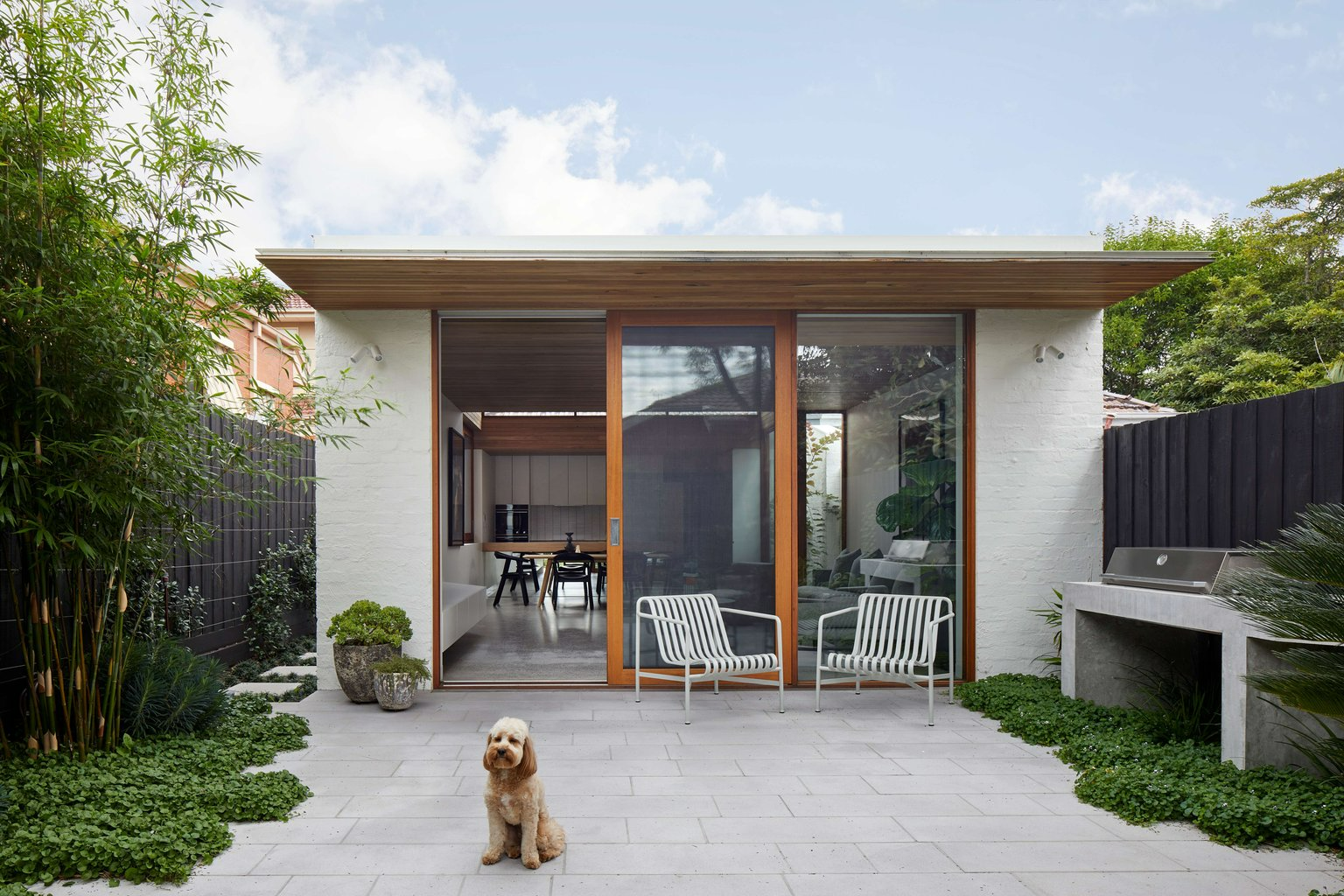 Pitch House by FMD Architects. Photography by Tatjana Plitt. Rear facade of white brick home with paved courtyard surrounded by plants. 
