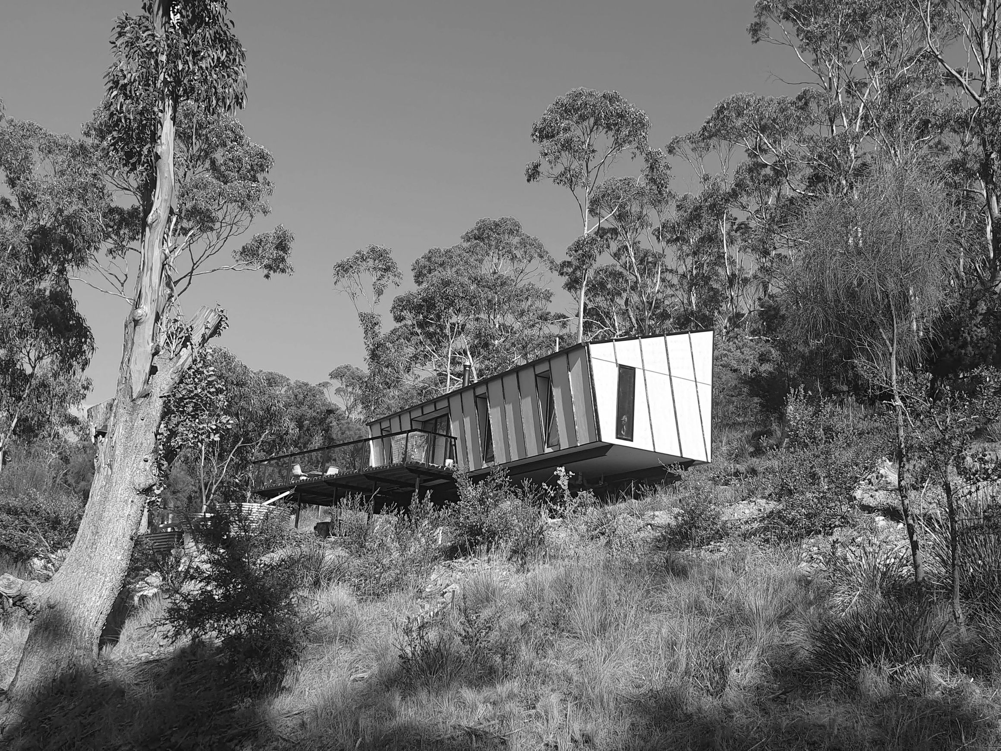 Firesticks Pavilion by Spot Studio. Image copyright of Spot Studio. Pavilion style home on hill among native bush. 