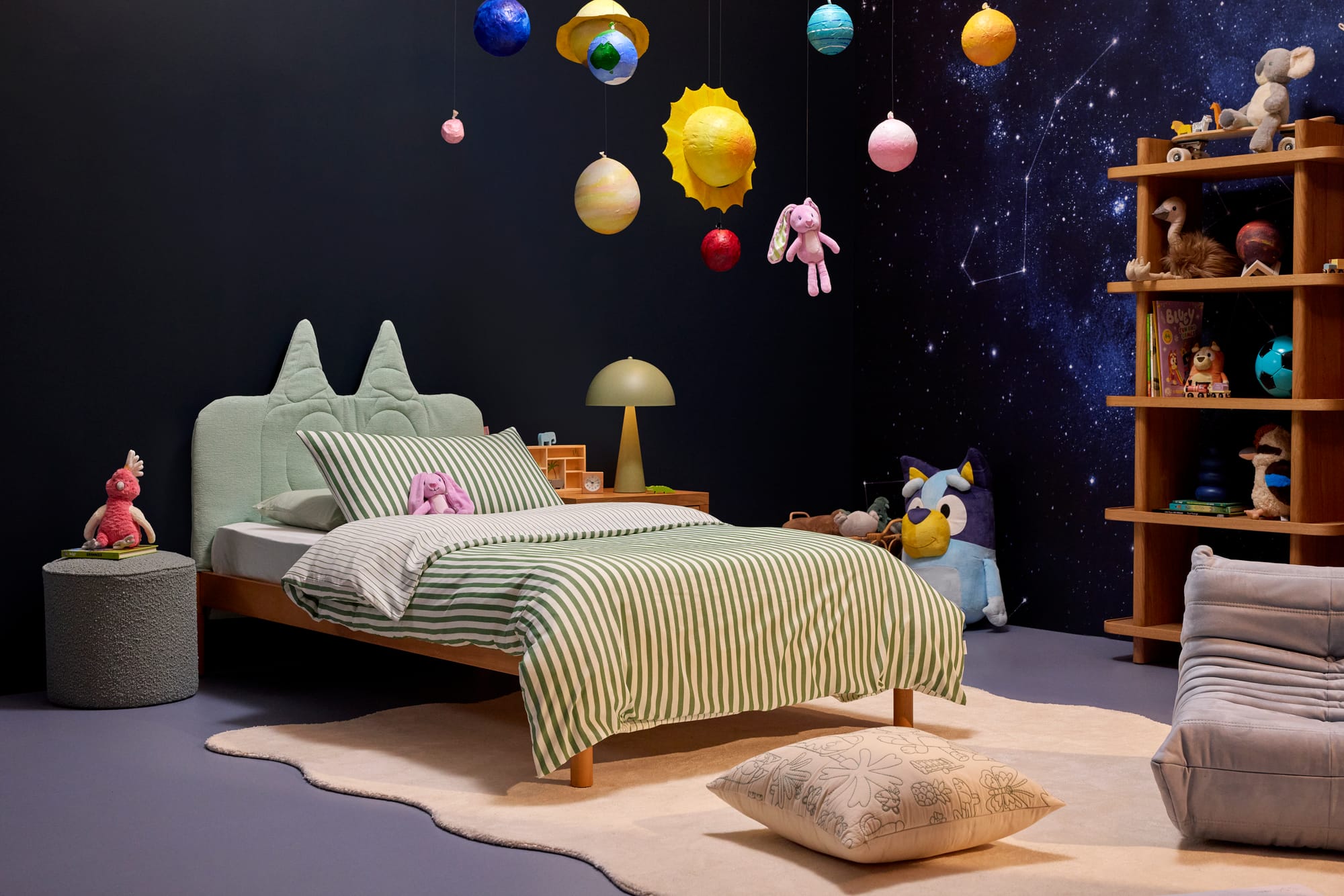 Koala x Bluey Snoozytime in Walking Leaf showing a well styled kids bedroom.