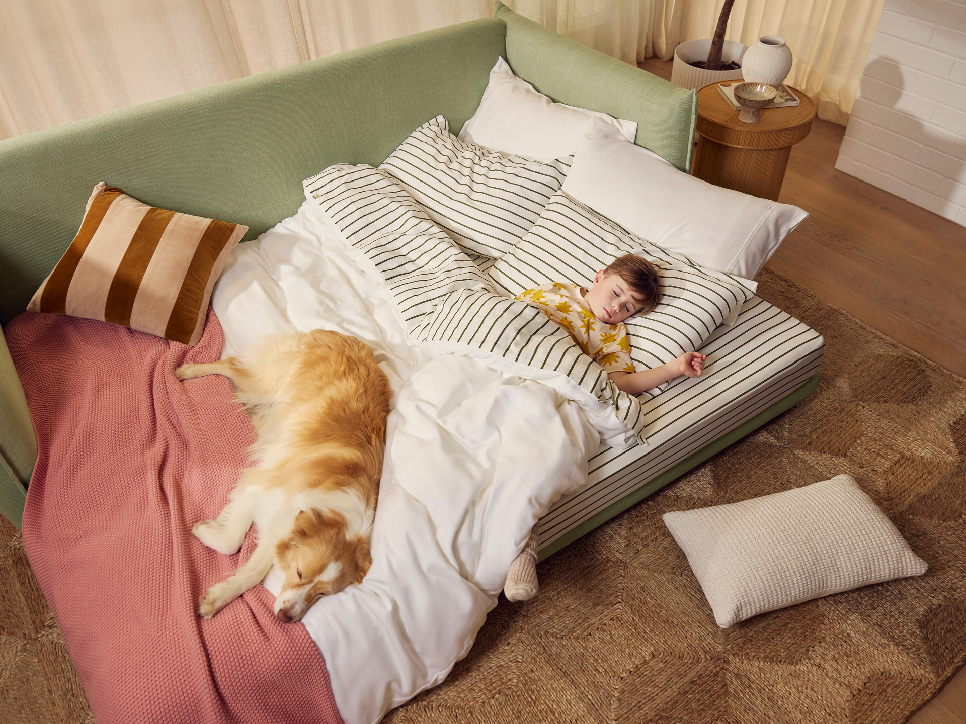 Koala Byron Sofa Bed [3rd Gen] in Cool Cactus. Young boy asleep on fold out sofa bed in light green shade, with black and white bedding, pink throw rug and white and brown dog asleep at end of bed. 