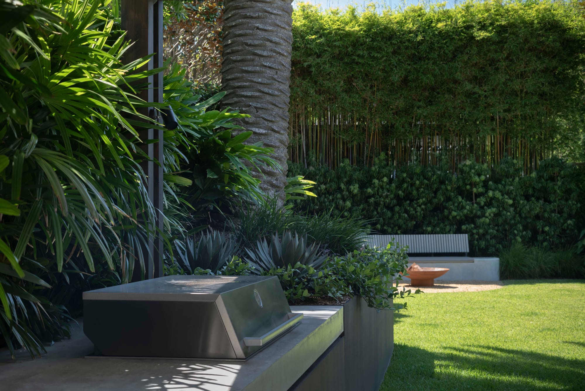 Outdoor area with green grass, palm tree and barbeque pit.