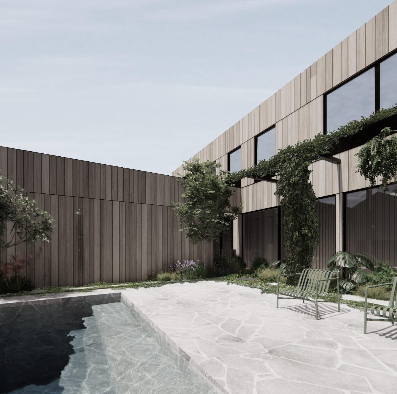 Architectural rendering of a courtyard with a pool, timber cladding, and lush greenery surrounding a contemporary home.