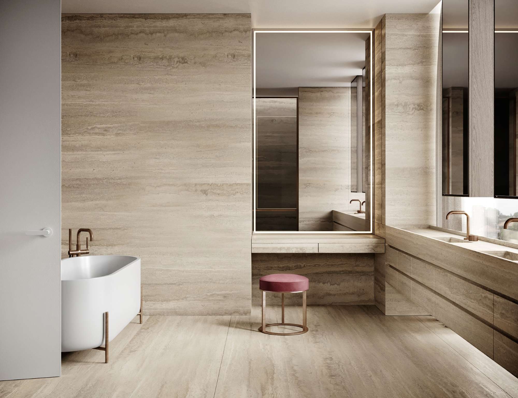 Minimal travertine bathroom with integrated vanity, freestanding tub and soft neutral finishes throughout.