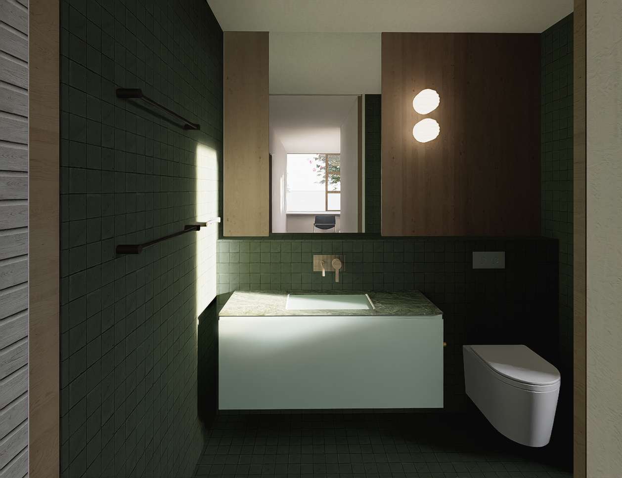 Moody bathroom interior with deep green tiled walls, floating vanity and soft natural light filtering through the space.