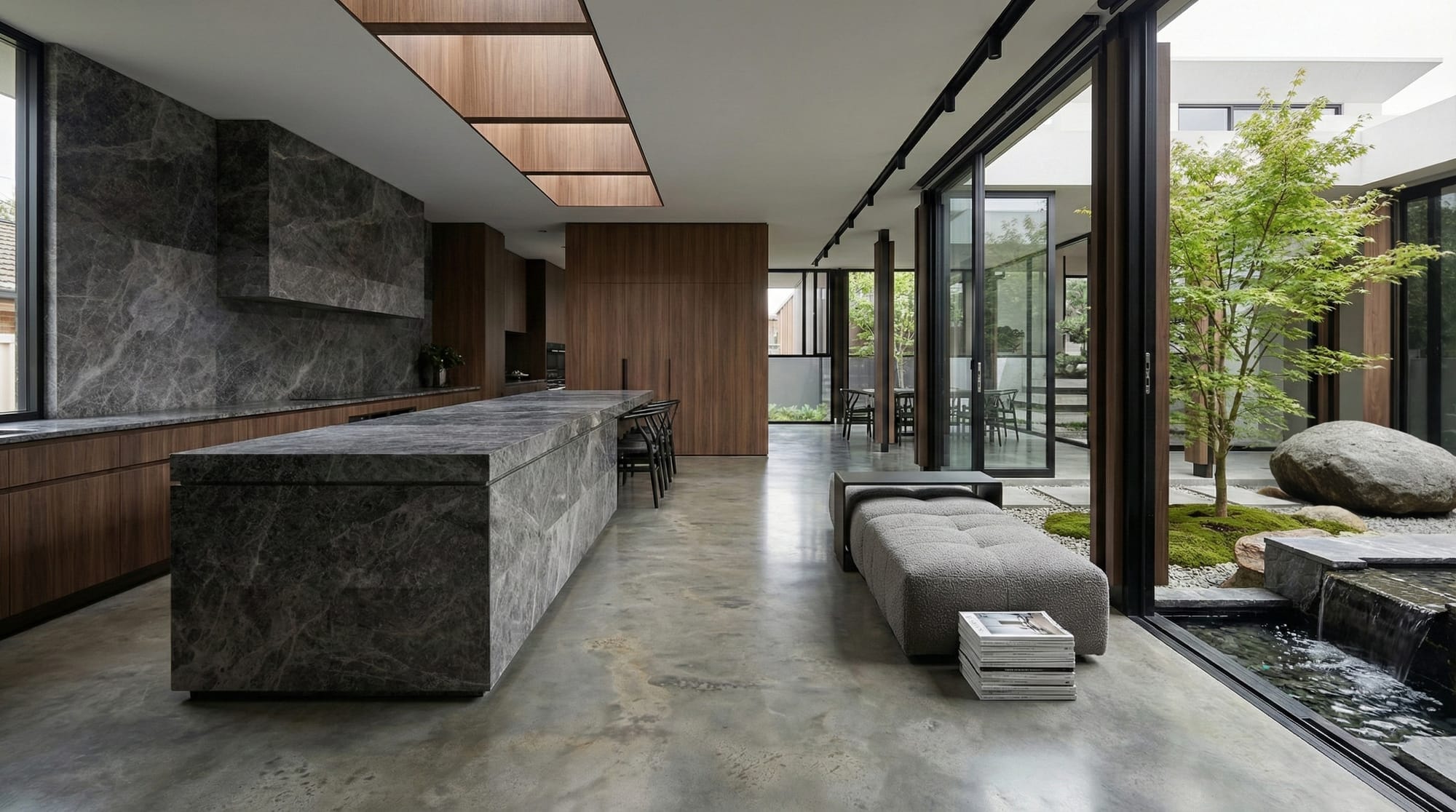 Minimalist kitchen interior with dark stone surfaces, timber cabinetry and a central courtyard garden bringing natural light indoors.