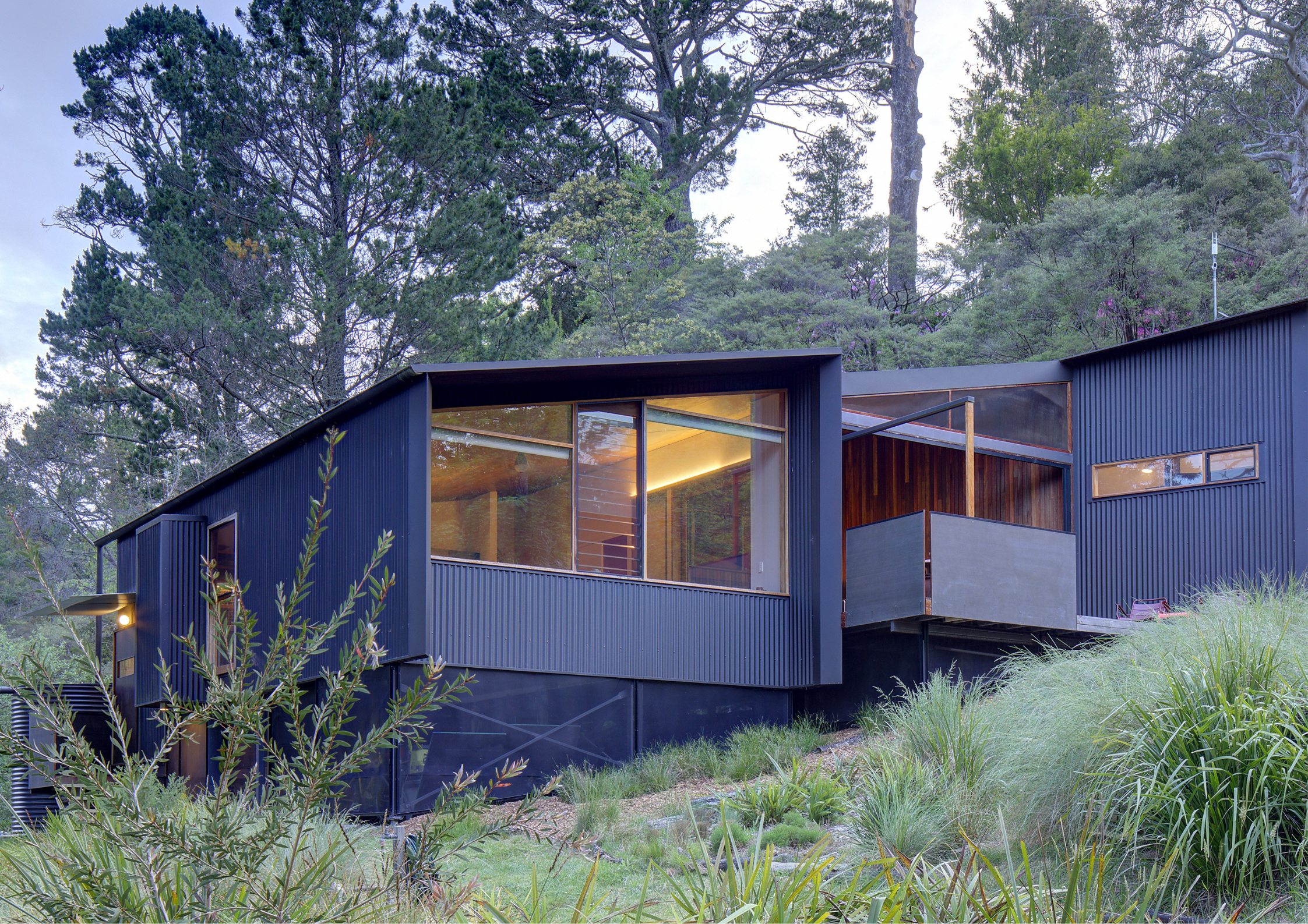 Modern black-clad house nestled among trees with angular rooflines, large corner glazing, and elevated timber deck on a sloping bushland site.