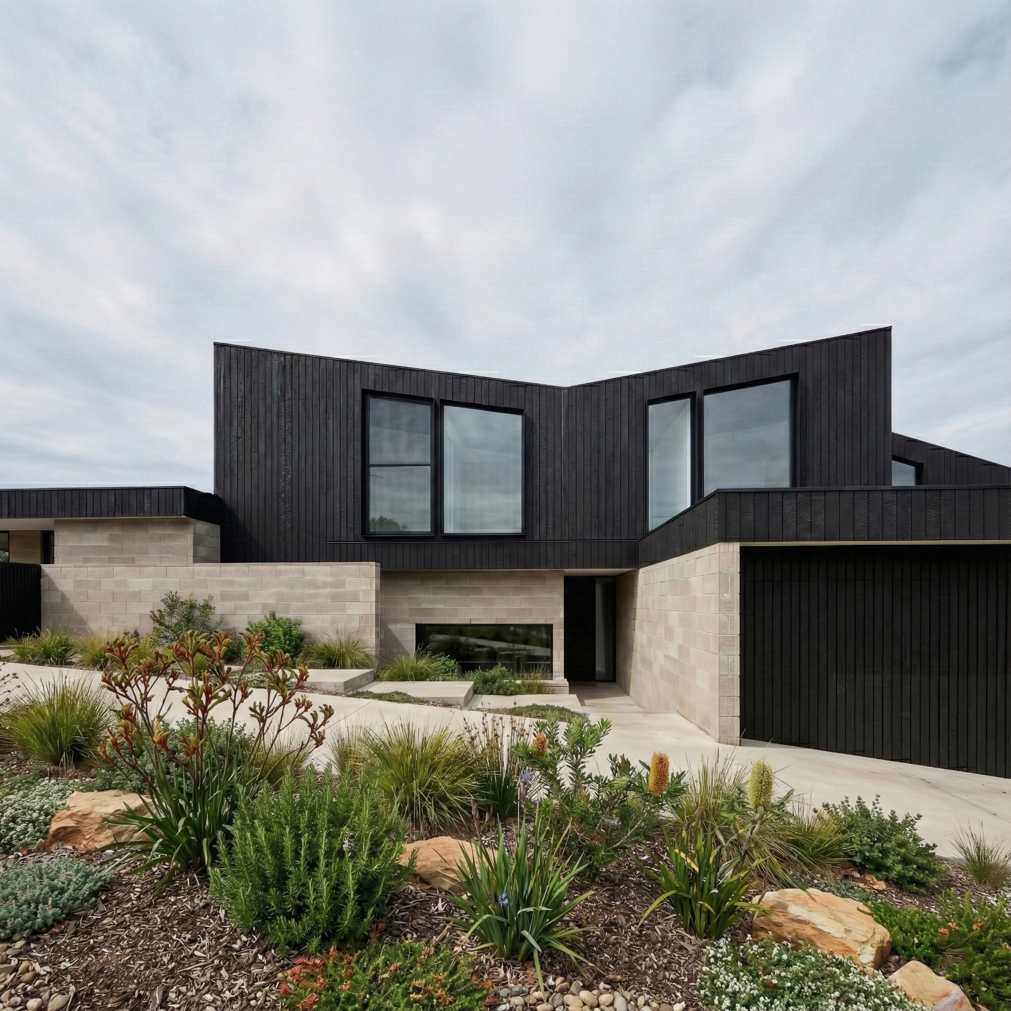 Modern angular home with dark cladding and textured stone walls surrounded by native landscaping and an overcast sky.
