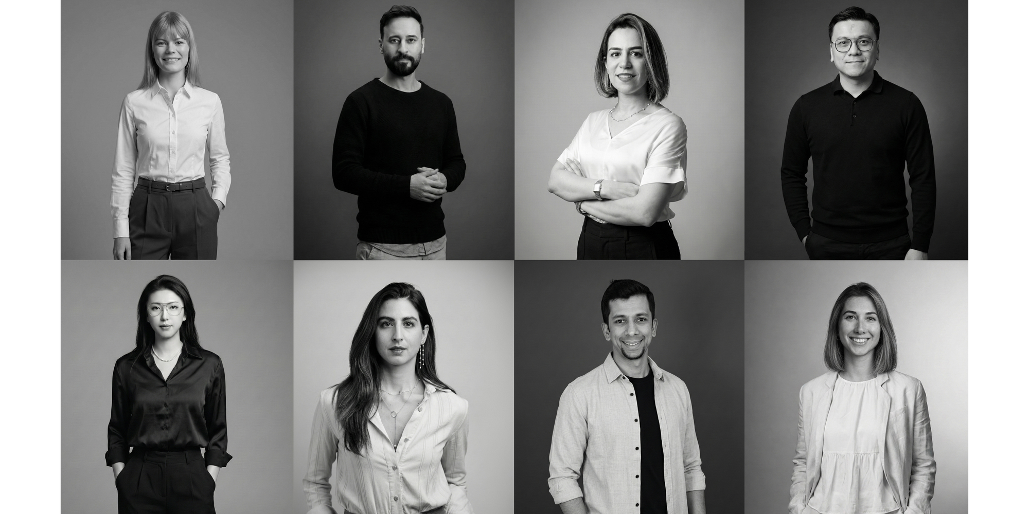 Black and white portrait grid featuring the ENCLAVE Architects team in a series of professional studio-style headshots.