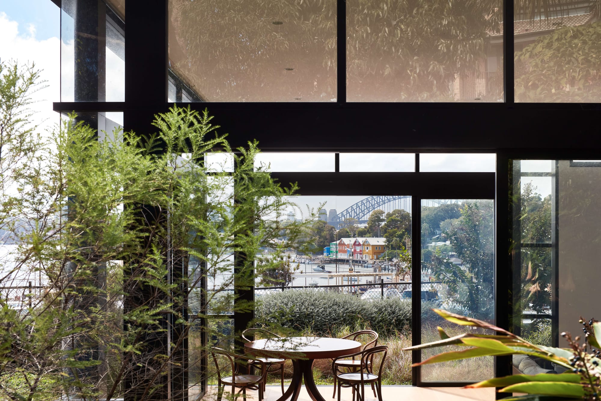 View through the black-framed glass pavilion of Balmain House by Corso Architecture, framing Sydney Harbour Bridge and the waterfront through lush native garden plantings.