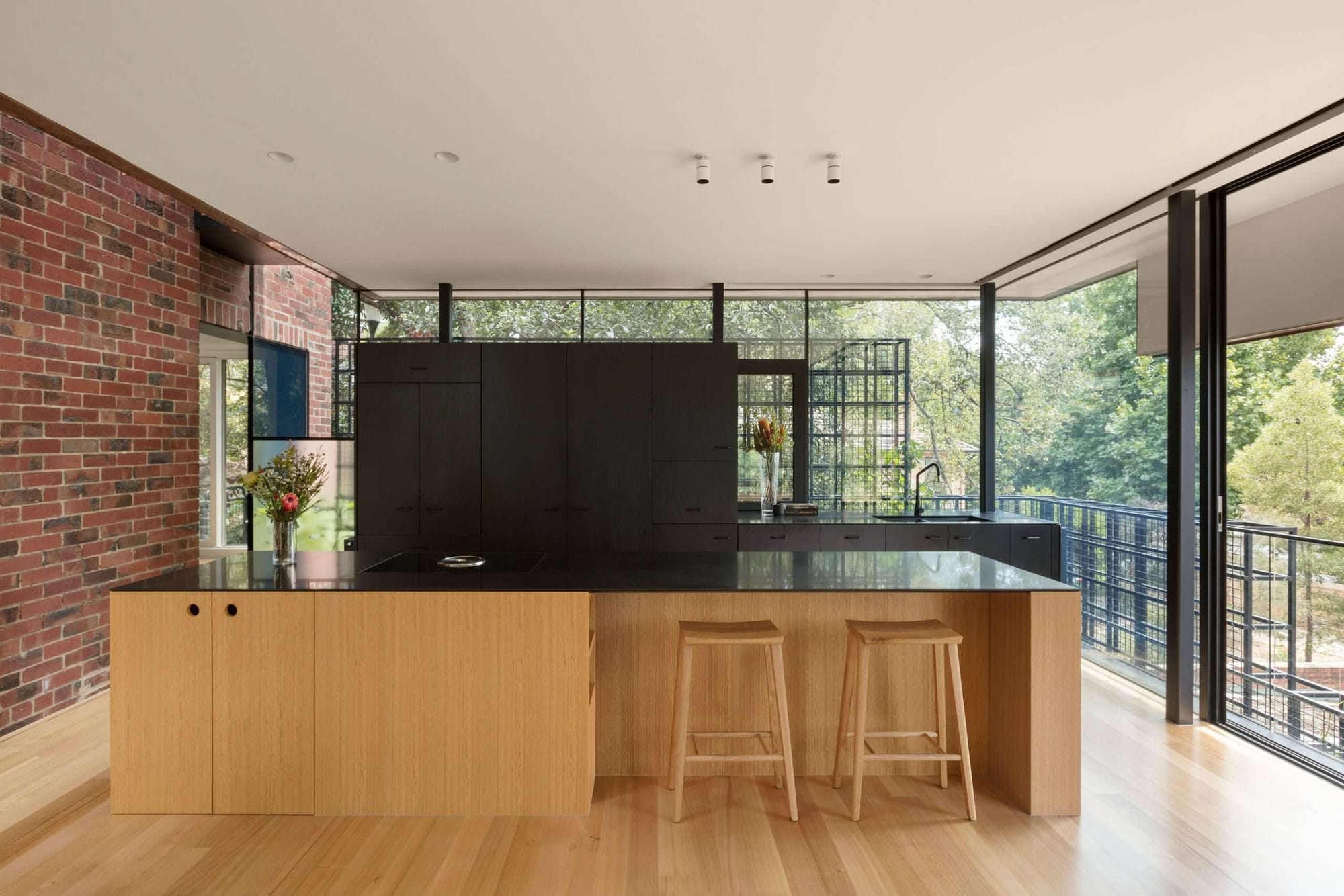 Open-plan kitchen in South Yarra House by AM Architecture, featuring a timber island, dark cabinetry and floor-to-ceiling glazing overlooking the treetop garden