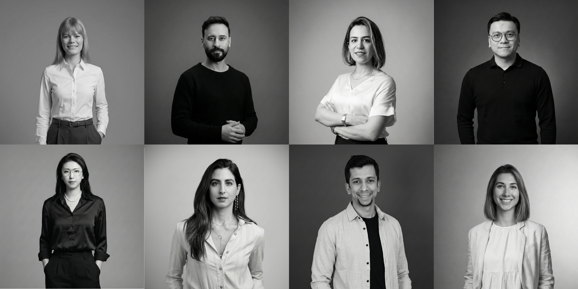 Black and white portrait grid featuring the ENCLAVE Architects team in a series of professional studio-style headshots.