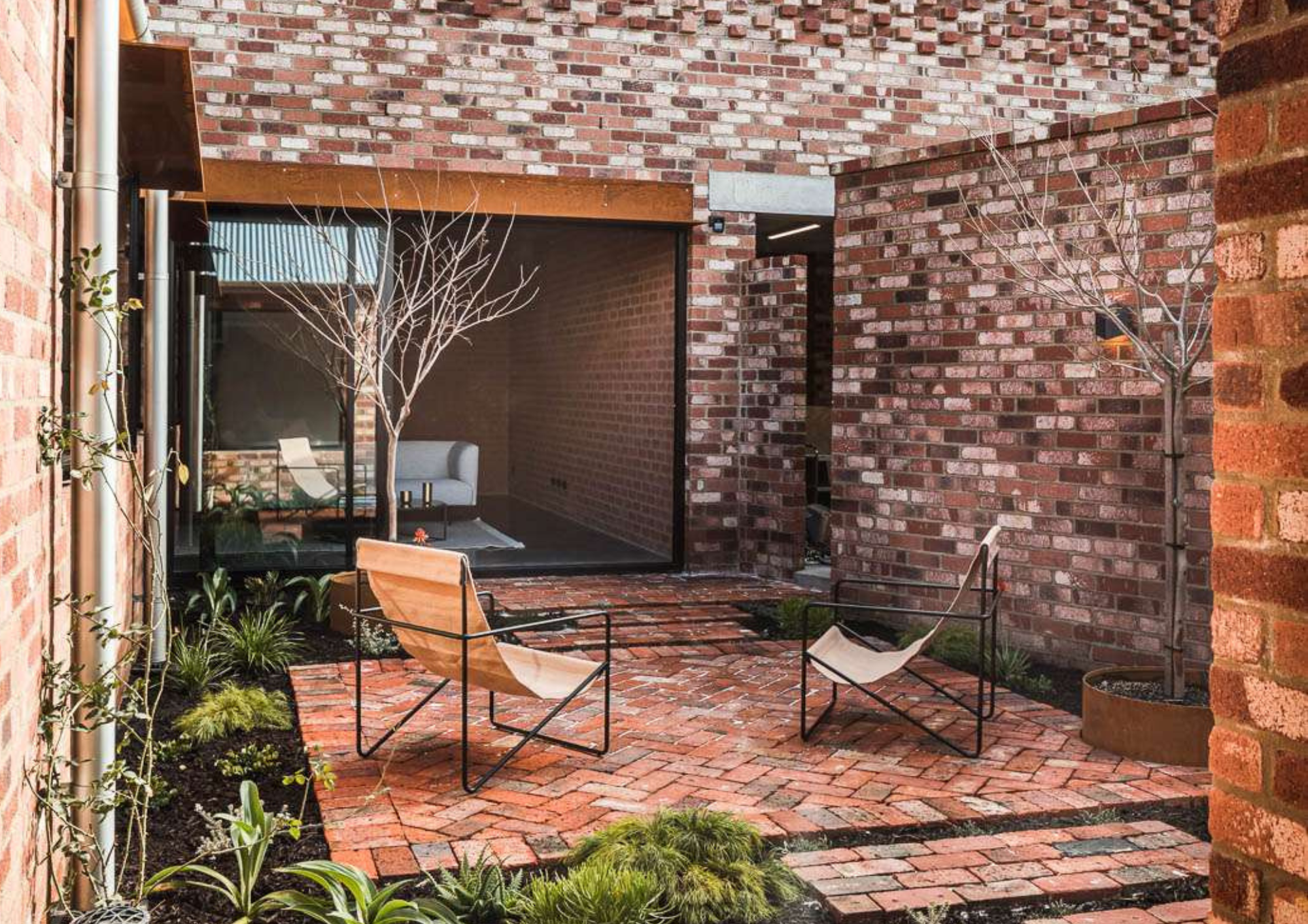 Recycled brick paving and a bare courtyard tree framed by textured brickwork, with a glazed opening into the living space beyond, Essex