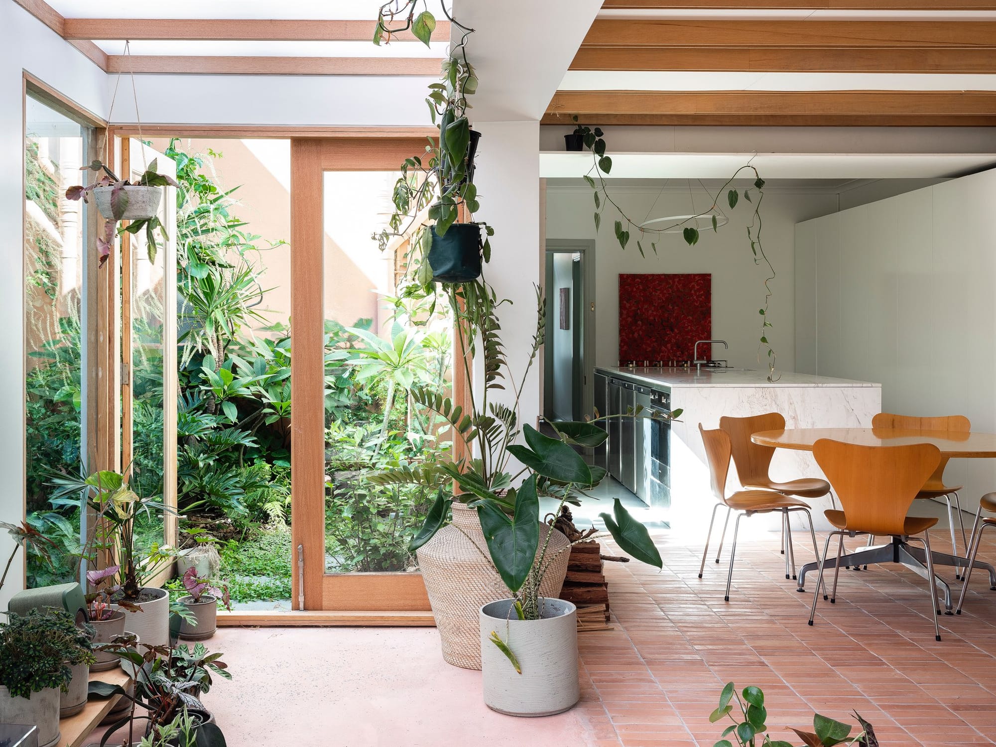 Open-plan kitchen and dining area with timber-framed glazing, terracotta floor tiles and abundant indoor plants beside a lush courtyard garden.