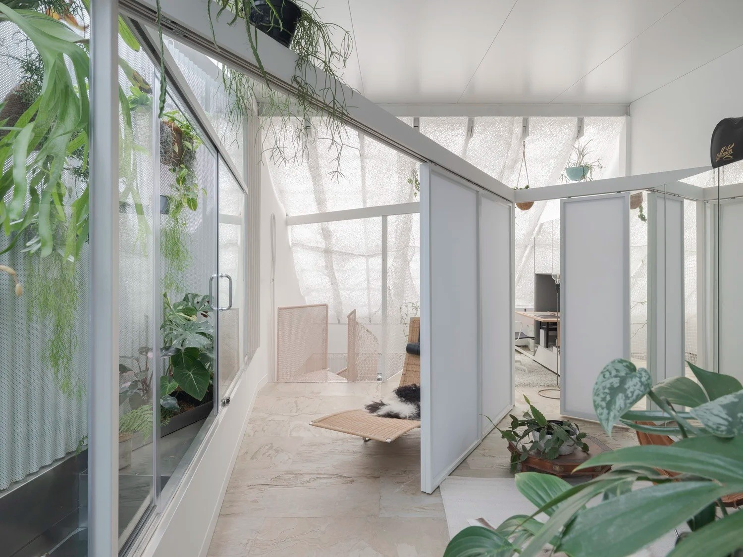 Light-filled interior with white framed partitions, translucent screens and abundant indoor planting creating a soft, greenhouse-like atmosphere.