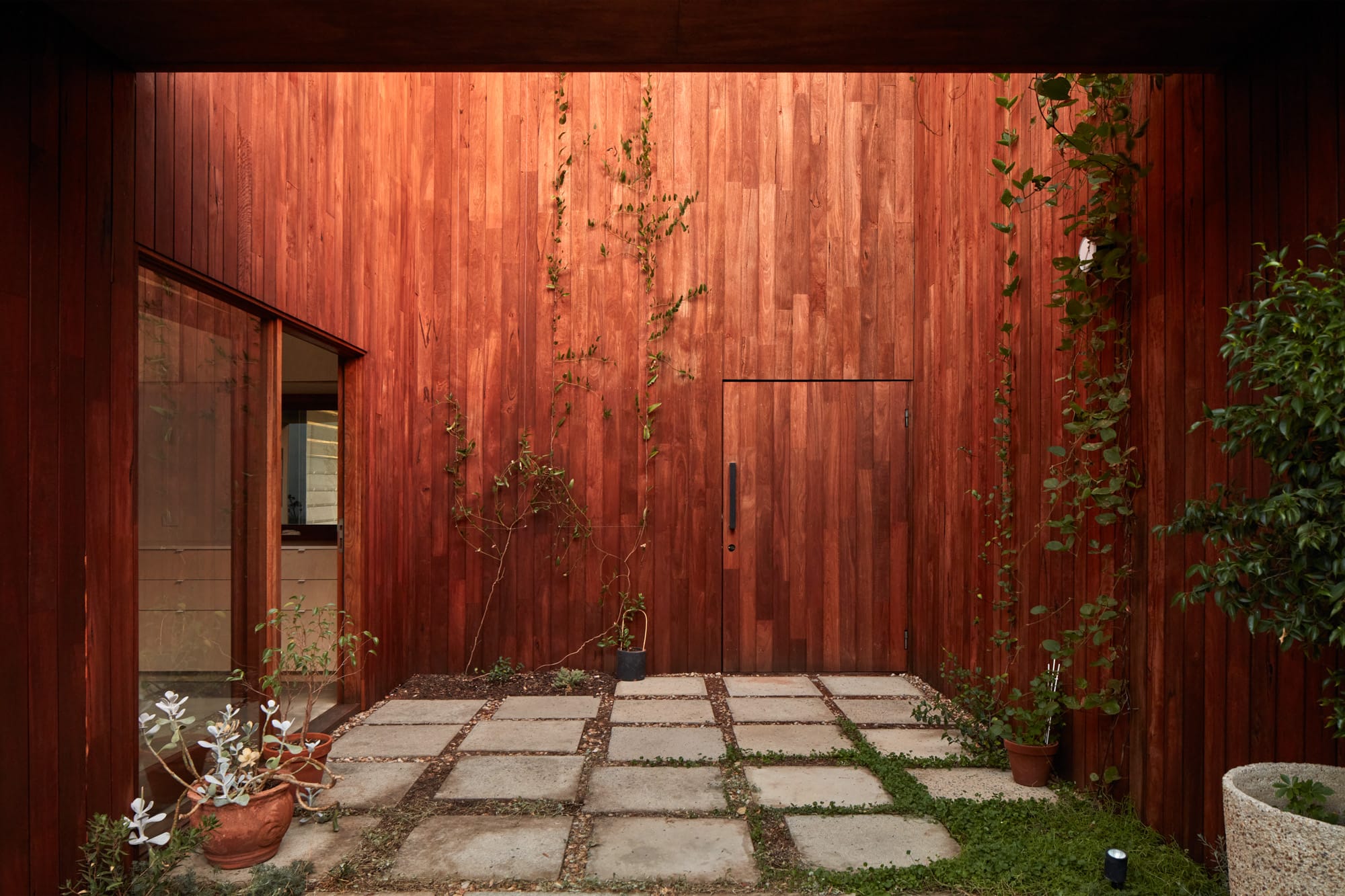 A courtyard clad in warm timber, with a paved stone floor, climbing vines, potted plants, and a timber door set into the wall.