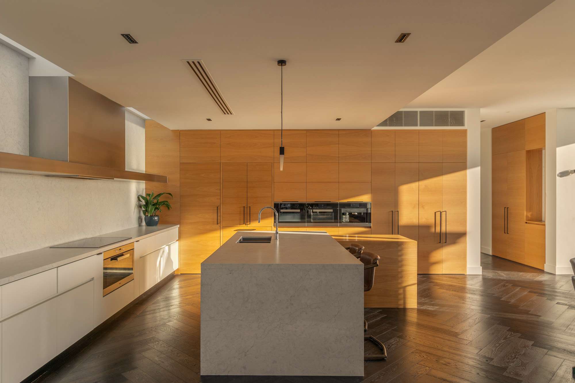 Contemporary kitchen with full-height timber cabinetry, a central stone island and warm sunlight across dark herringbone timber flooring.