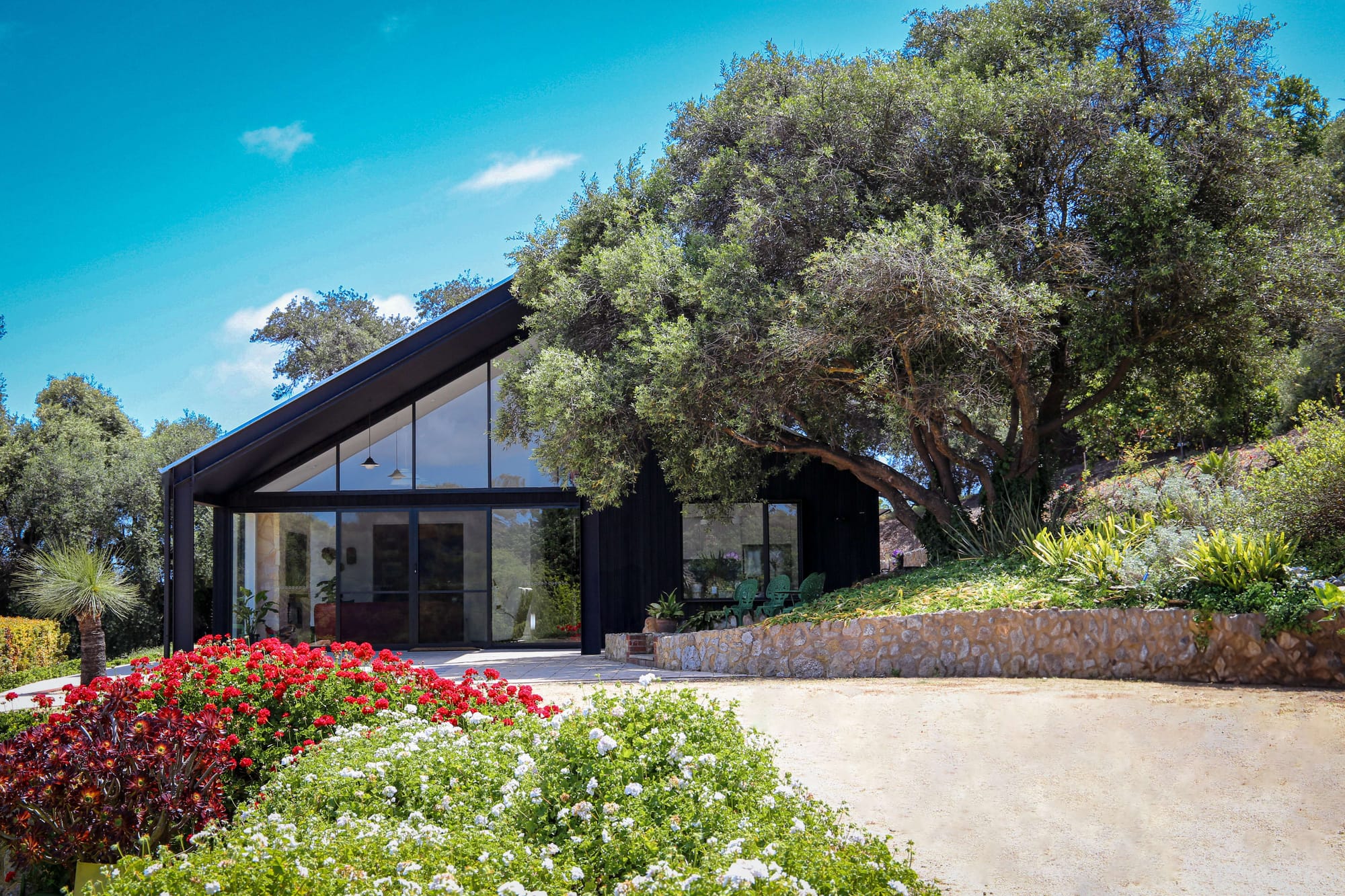 Black timber clad home with a steeply pitched skillion roof and full height glazing, set into a garden with mature trees, a stone retaining wall and a colourful flower bed lining the driveway.