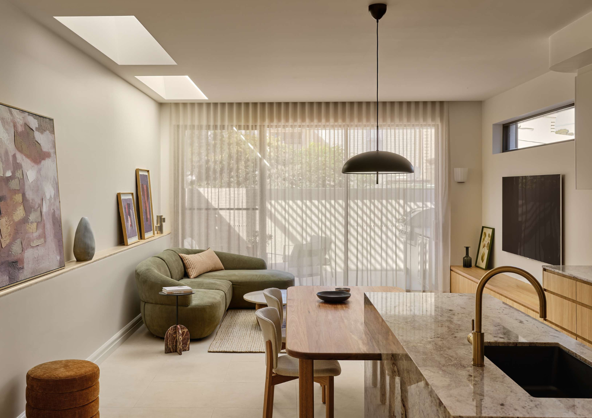 Lounge area with twin skylights and sheer-curtained glazing, Arco House, Leichhardt