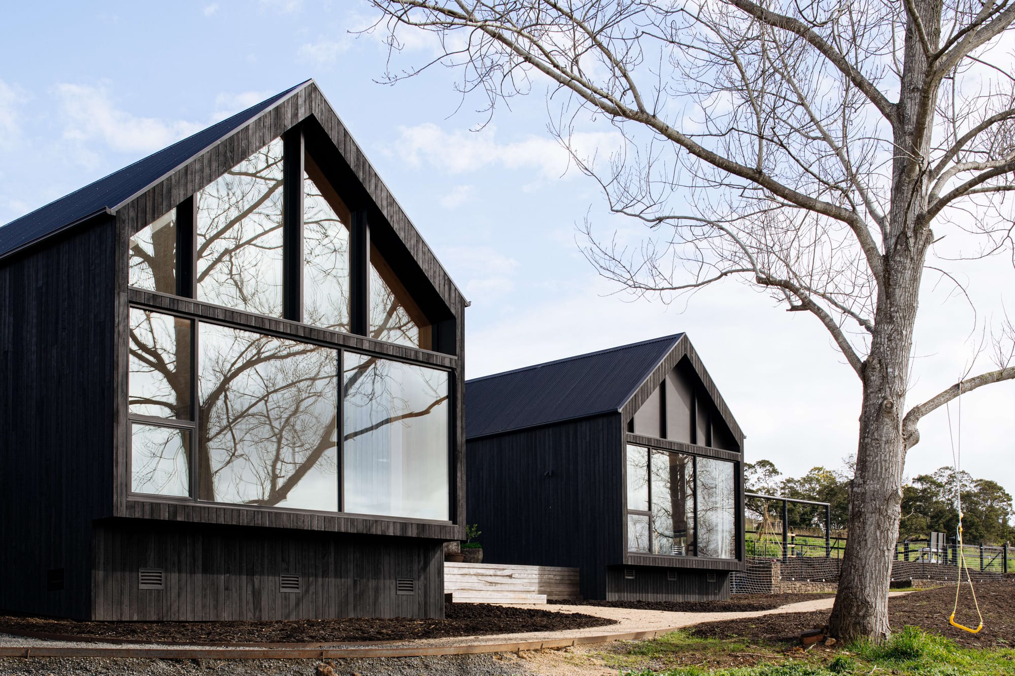Contemporary black timber-clad house with a steep gabled roofline and full-height glazing, set beside a bare tree under a clear sky