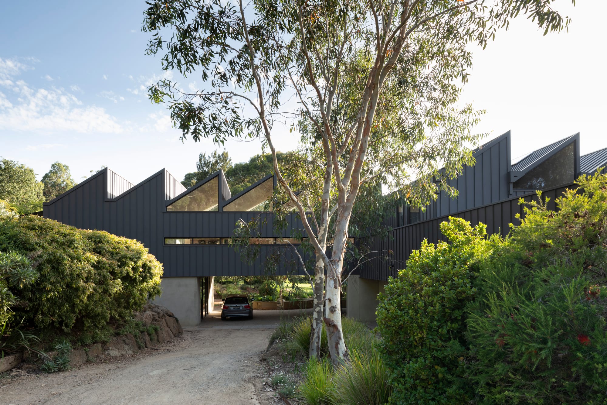 Dark metal-clad home with a sawtooth roof and triangular windows, elevated above a driveway amid established trees and gardens.