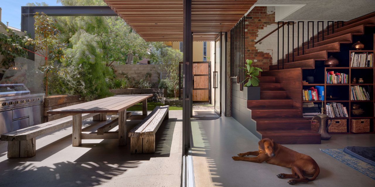 Timber staircase with integrated bookshelves beneath a slatted timber ceiling at Carlton Lanes End by UrbanID, with a dog resting on the concrete floor.