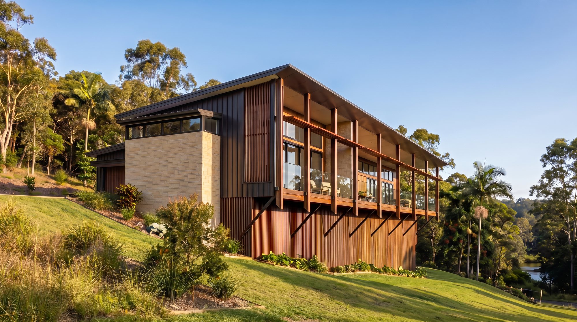 Hillside home with timber and dark metal cladding, a pale stone wall and an elevated balcony overlooking landscaped grounds.