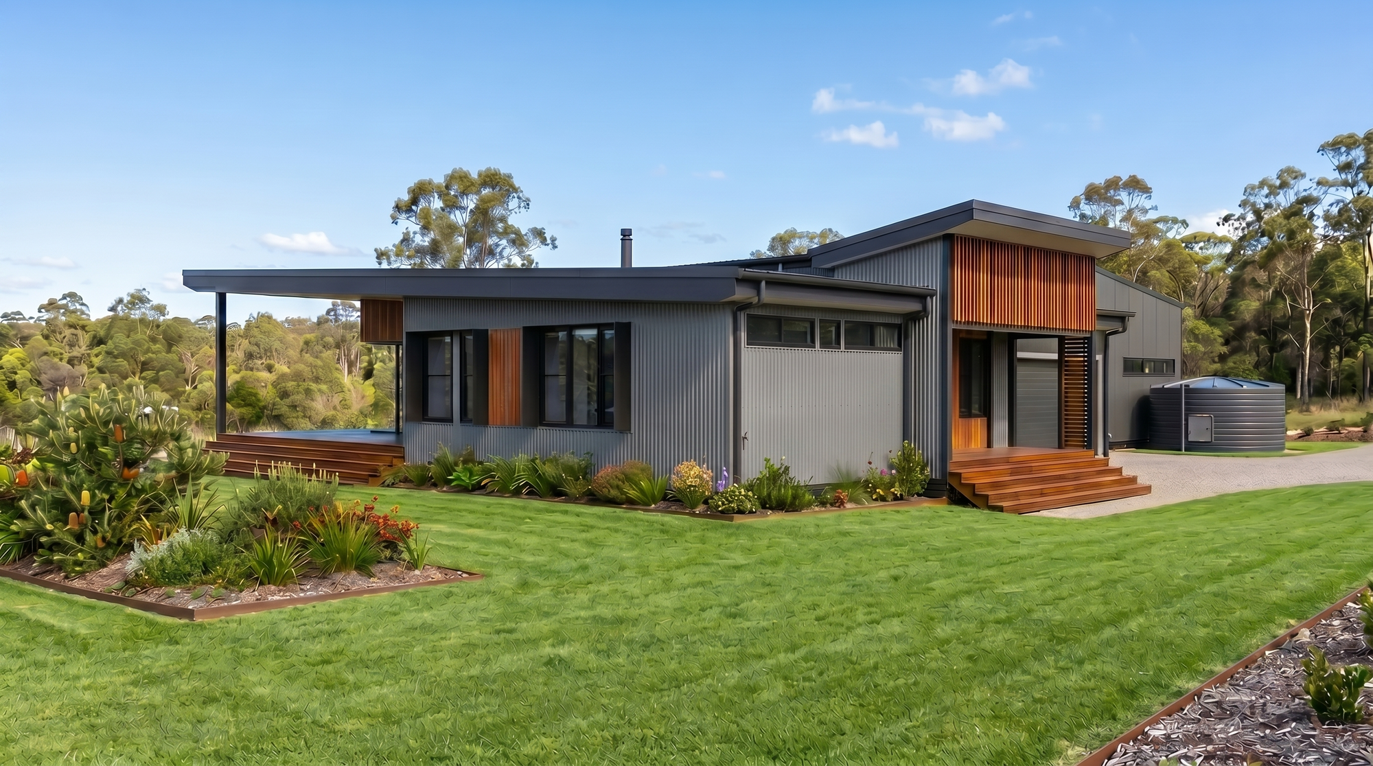 Single-storey home with grey corrugated cladding, timber entry steps, slatted screens and a covered deck surrounded by gardens.