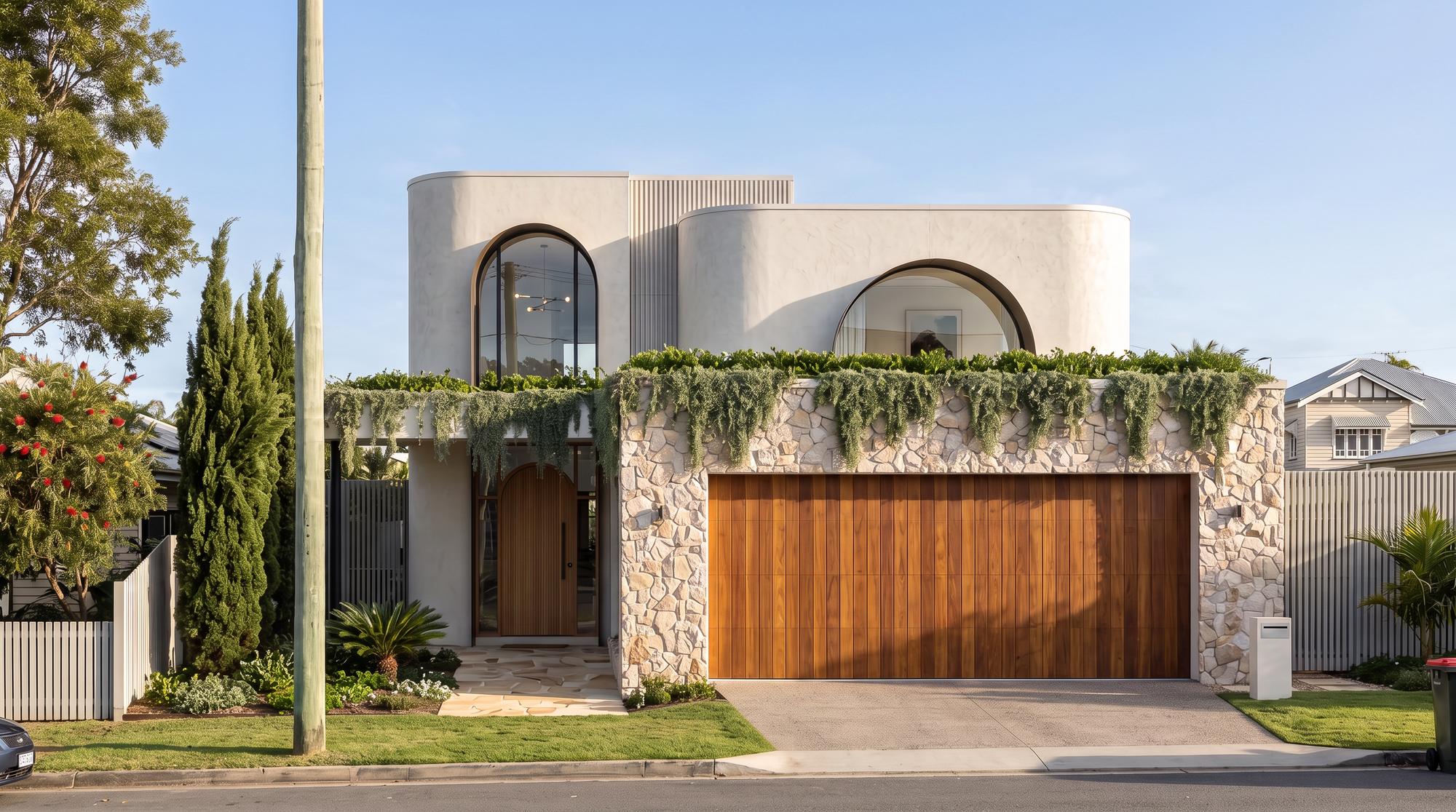Two-storey home with curved cream walls, arched windows, stone cladding and a timber garage door beneath cascading greenery.
