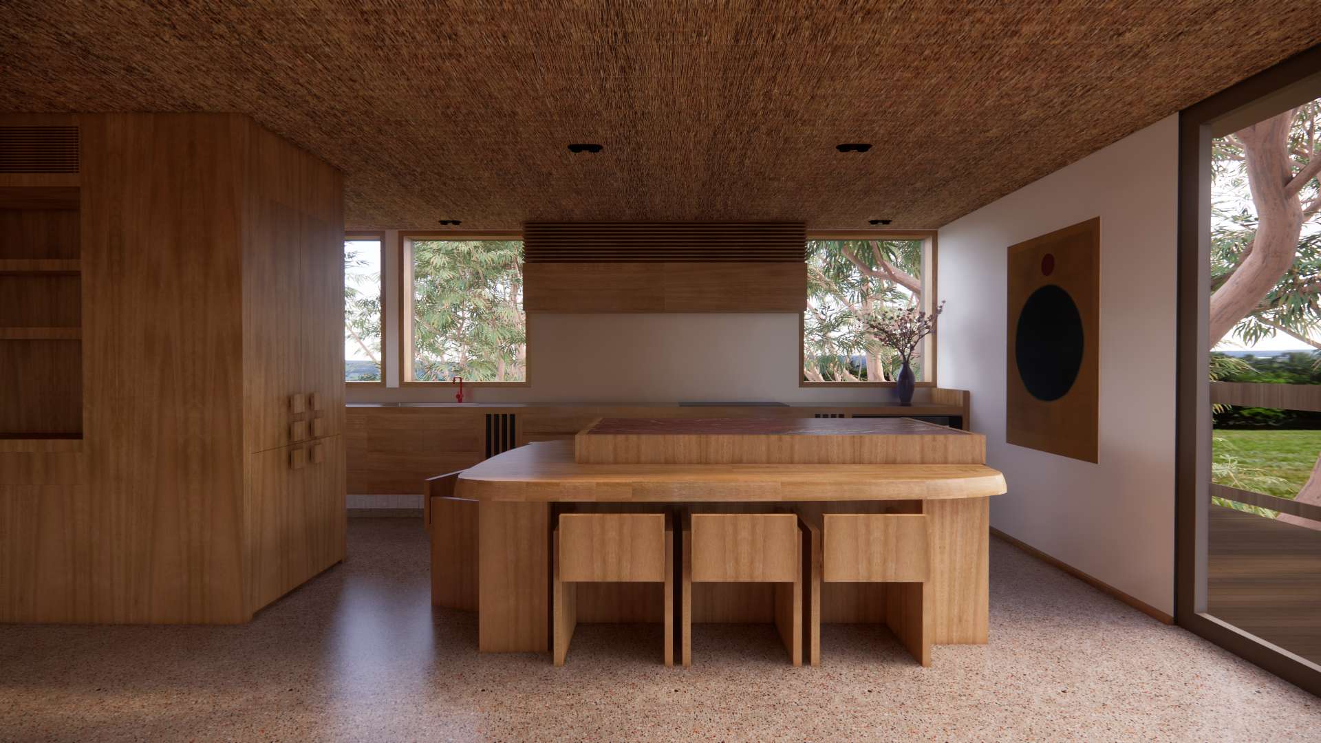 Timber kitchen and dining area with a rounded island, three timber stools and a textured brown ceiling, overlooking trees through large windows.