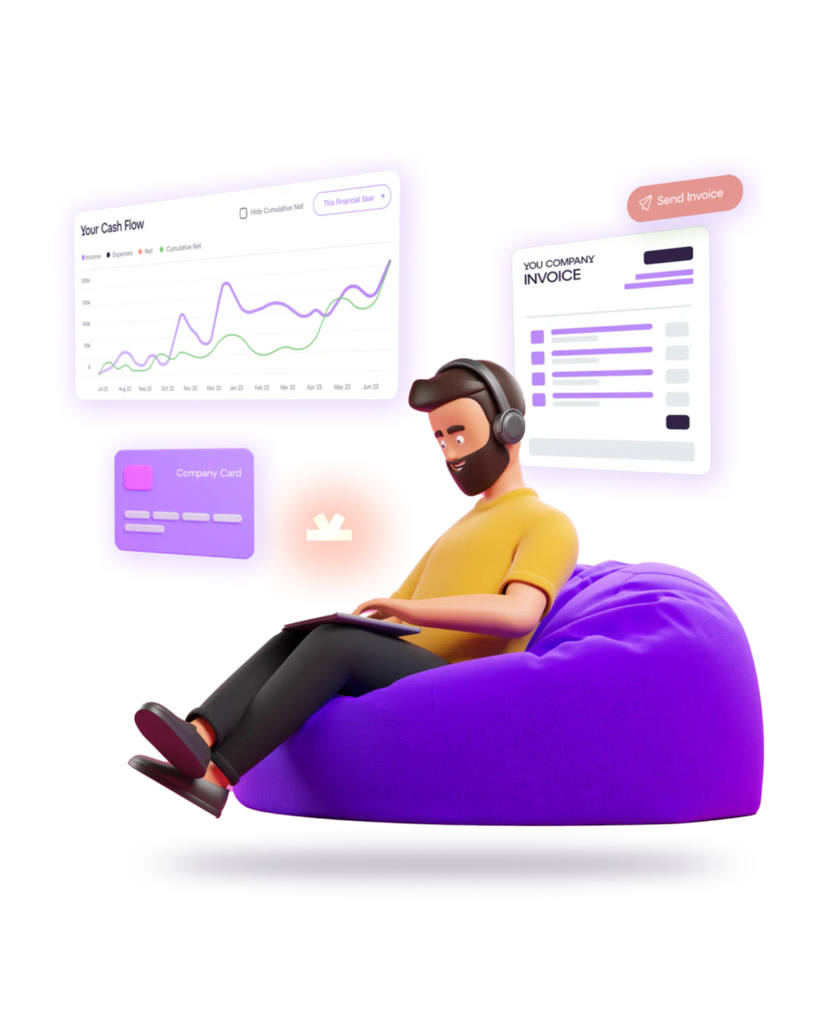 okke image cartoon man sitting on beanbag doing his invoicing 