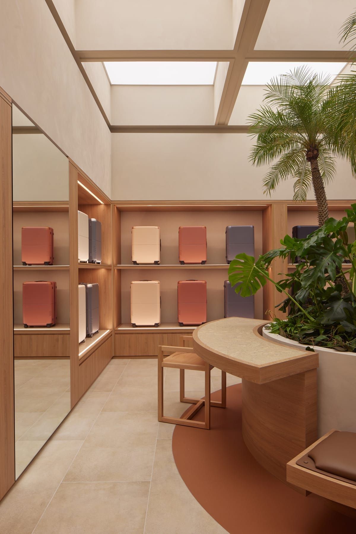 July Store by Acre. Photography by Cieran Murphy. Curved timber desk around planter. 