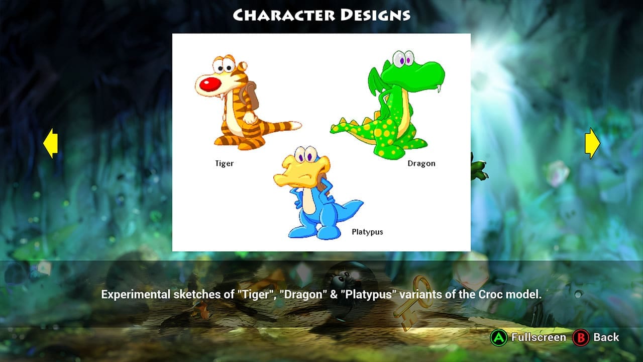 Early ideas for Croc showing a Dragon, a Tiger, and a Platypus