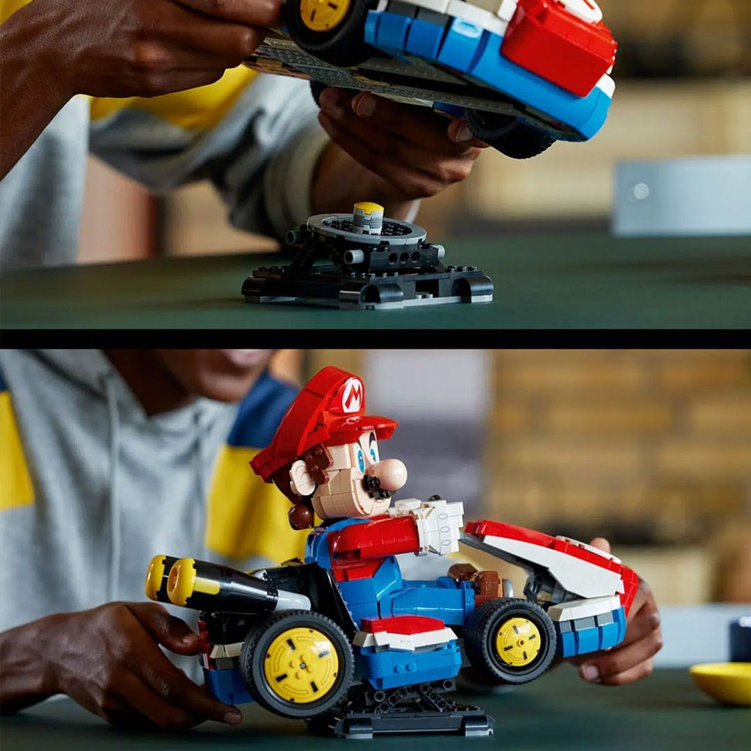 Side on view of Mario in his LEGO kart