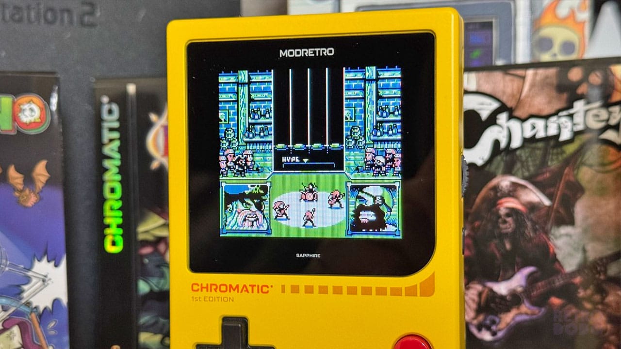 Battle gameplay showing four musicians and a crowd watching as markers fall down a grid