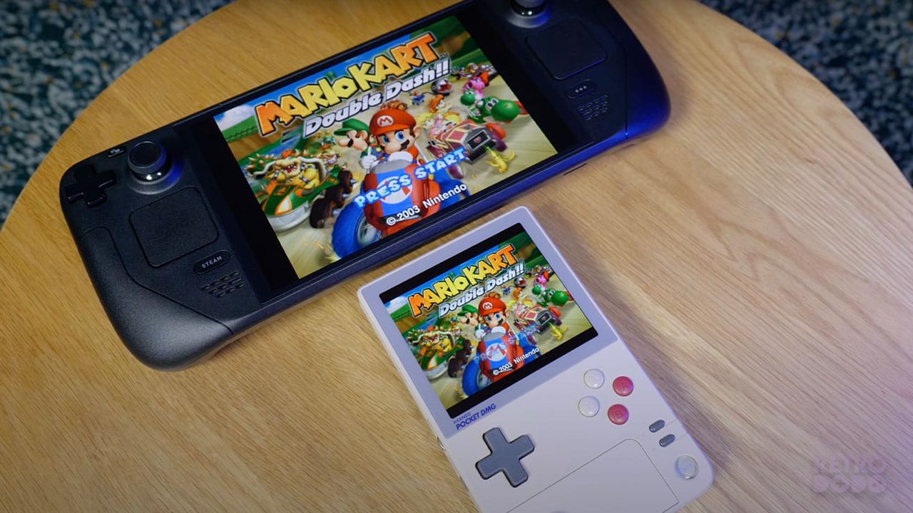 A Steam Deck next to the AYANEO Pocket DMG