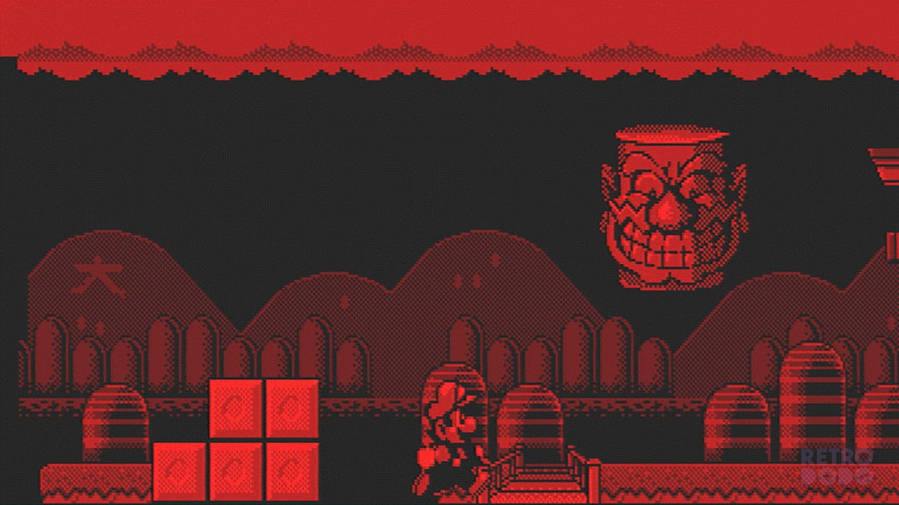 Mario running sideways past a floating Wario head