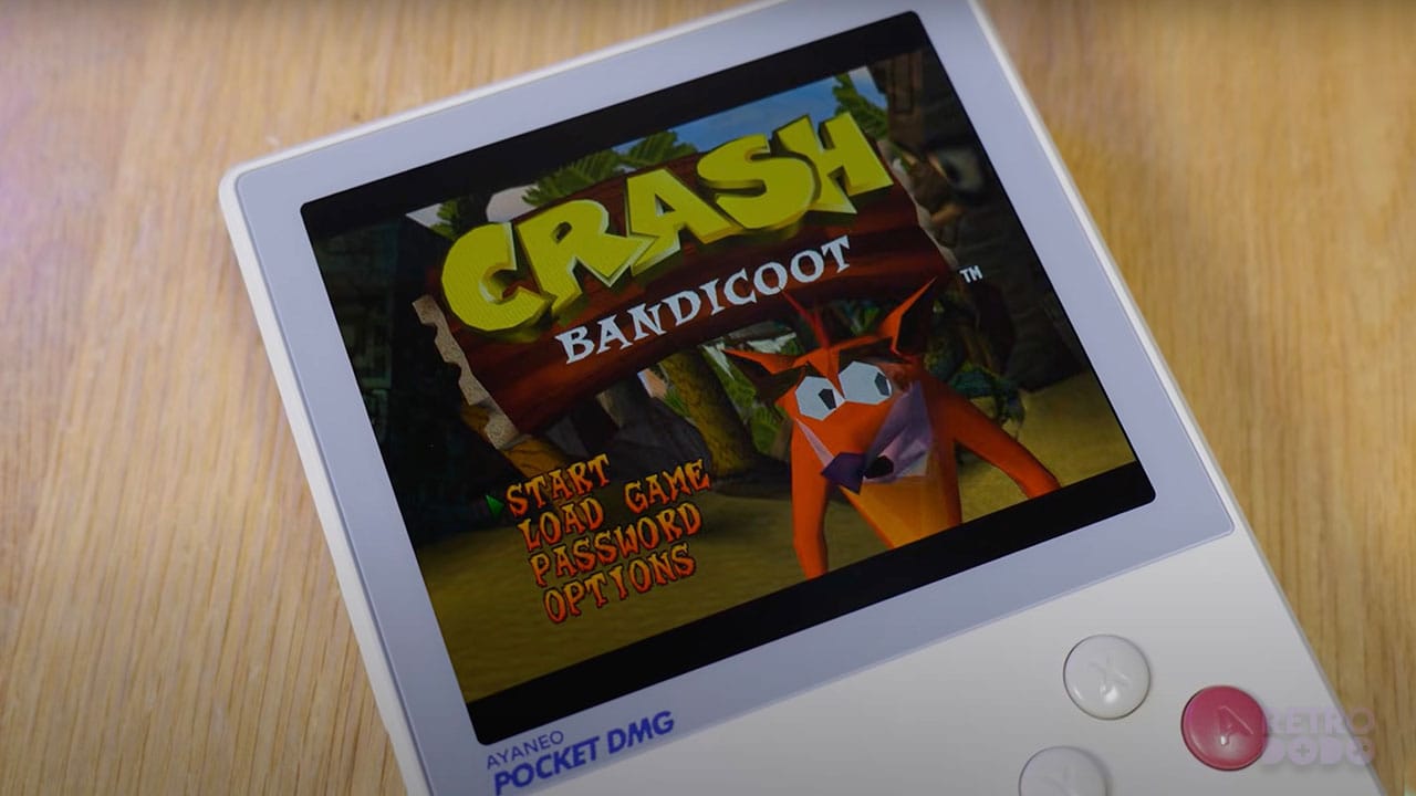 The opening screen for Crash Bandicoot on a handheld