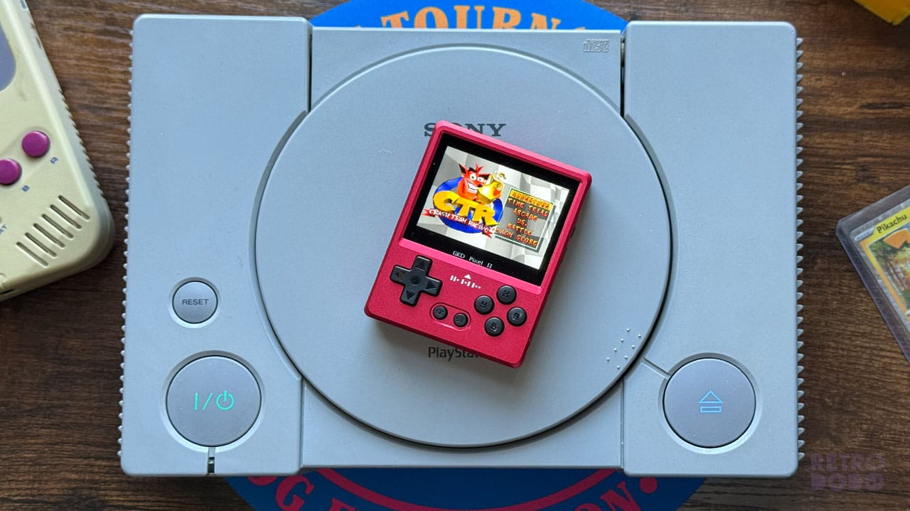 Crash Team Racing on the GKD Pixel 2 on top of a grey PS1