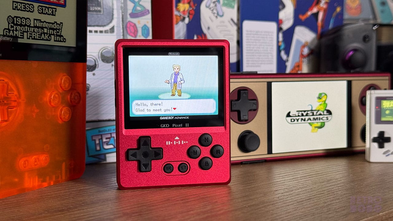 Pokémon Fire Red Gameplay on a small red handheld with other games playing in the background