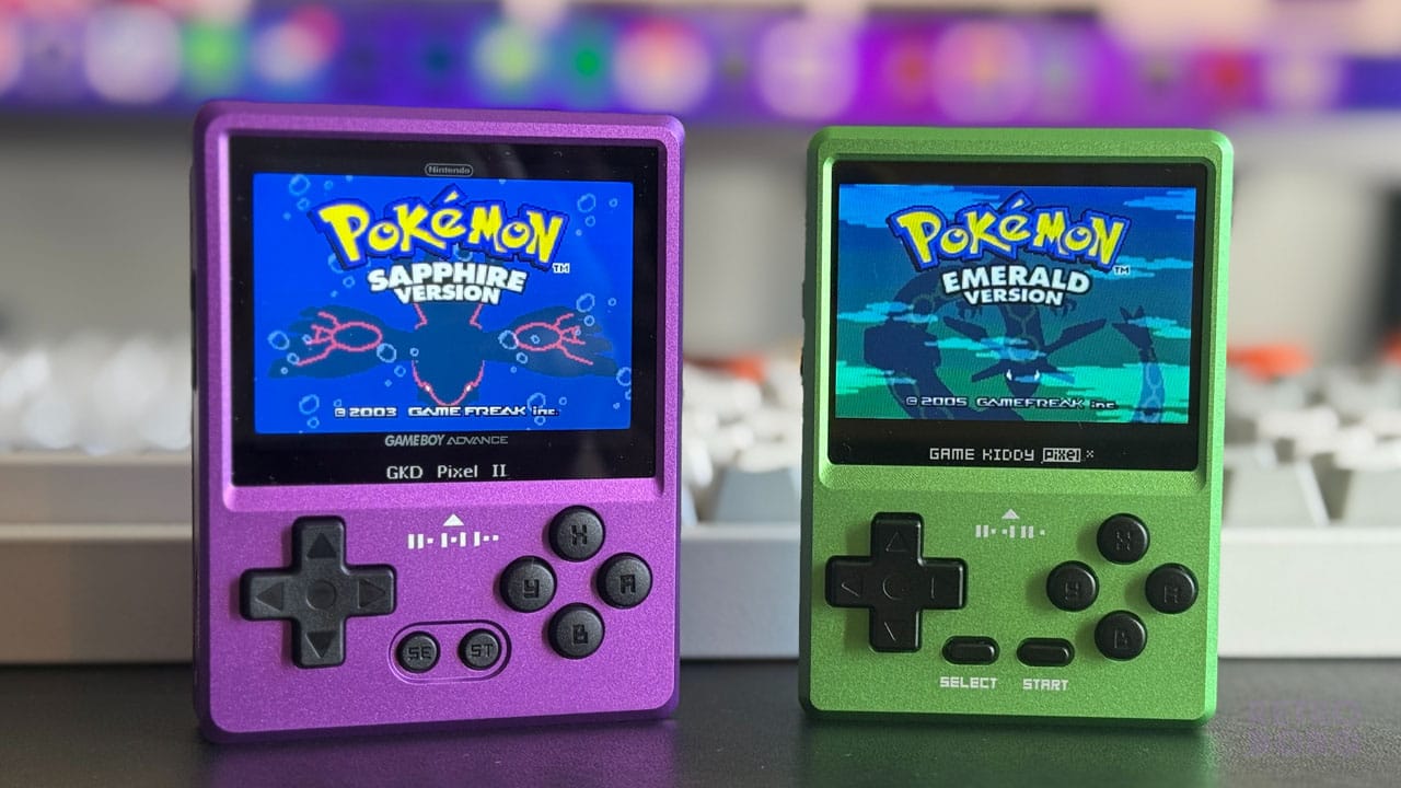 A purple GKD Pixel 2 (left) next to the Green Game Kiddy Pixel (right)