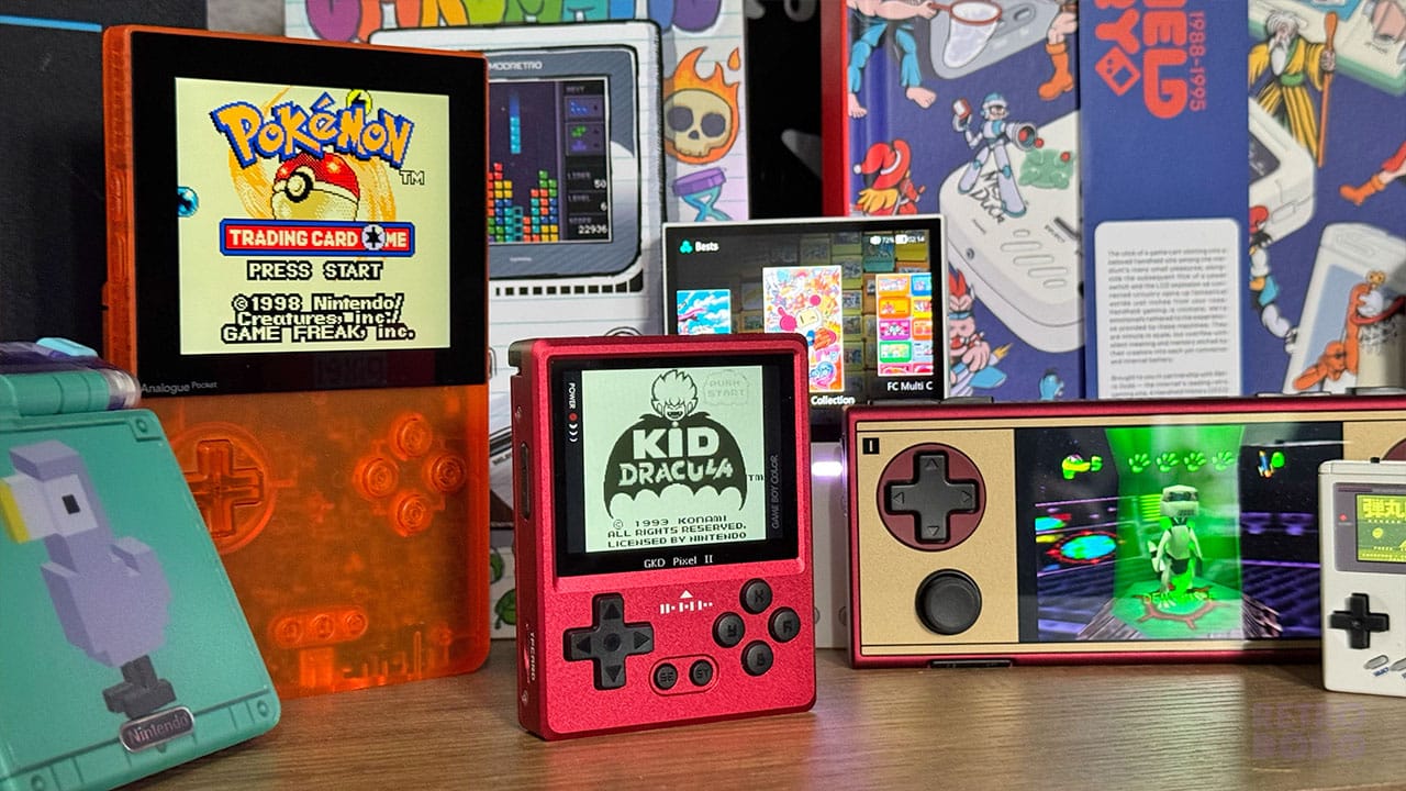 Kid Dracula playing on a small red handheld with other handheld consoles showing other games in the background