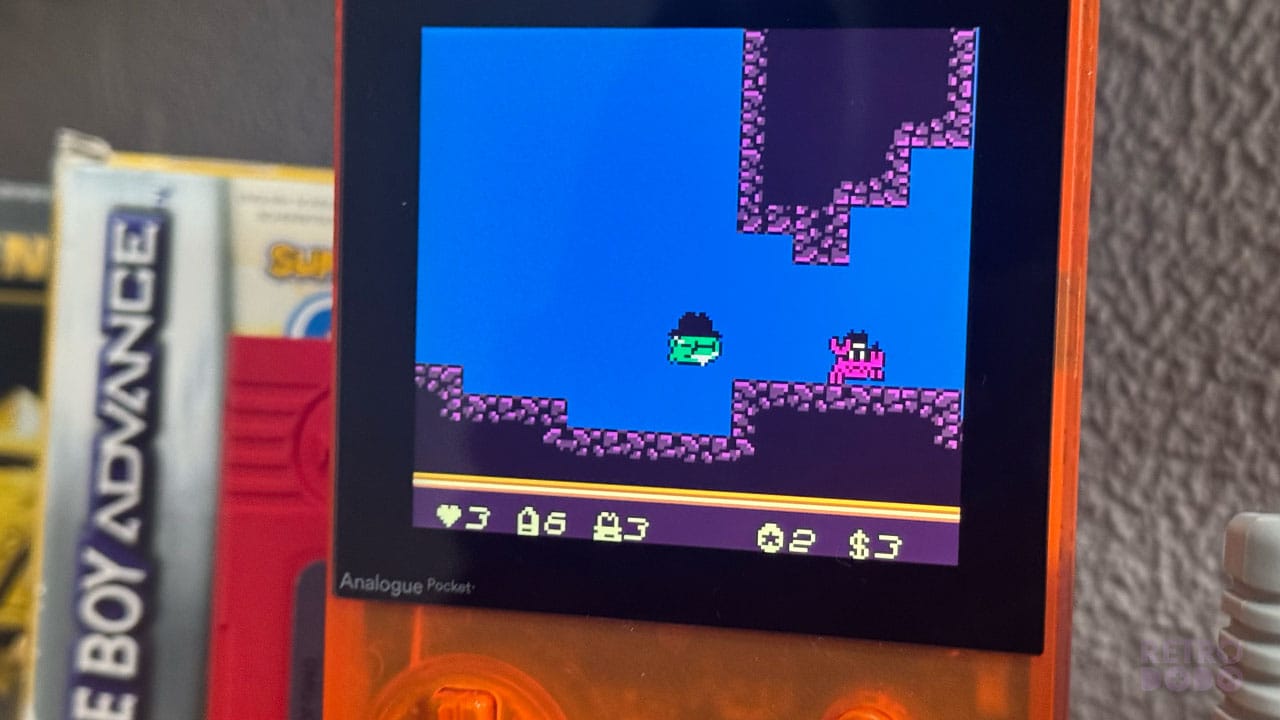 A green frog in a cowboy hat swimming towards a pink crab