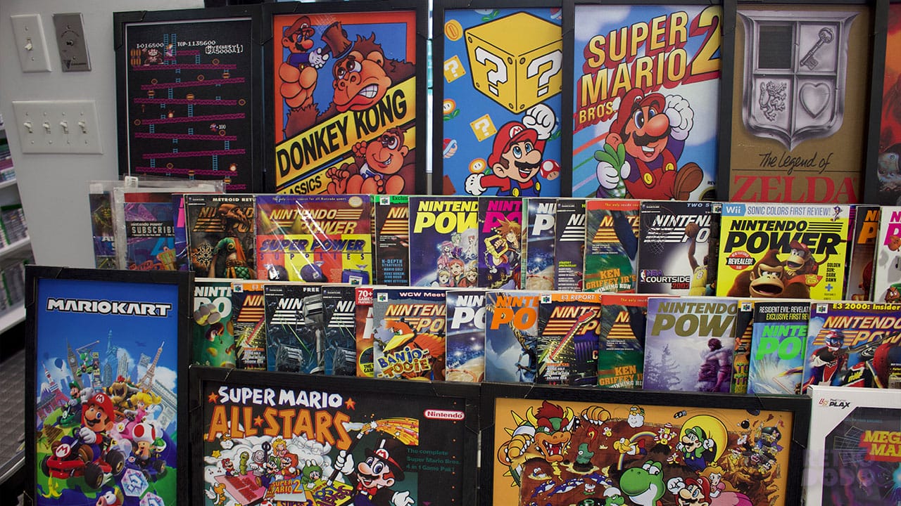 Close up of framed posters and magazines