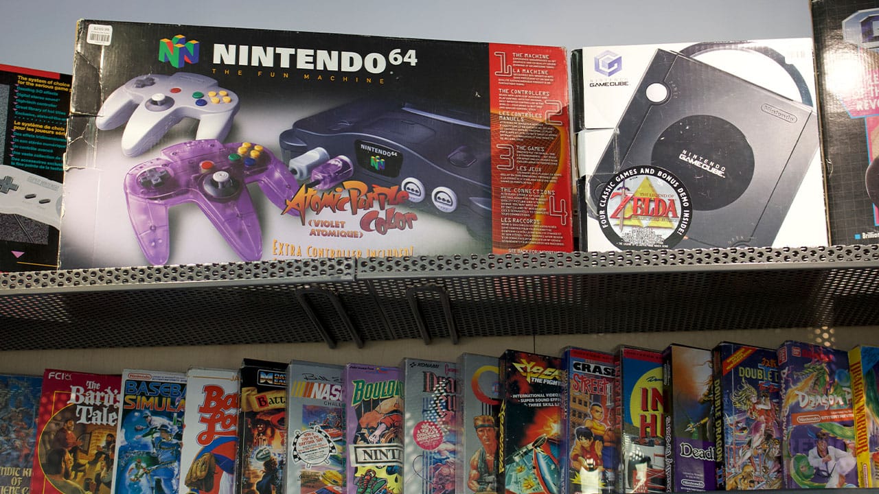 Close up of N64 and GameCube boxes