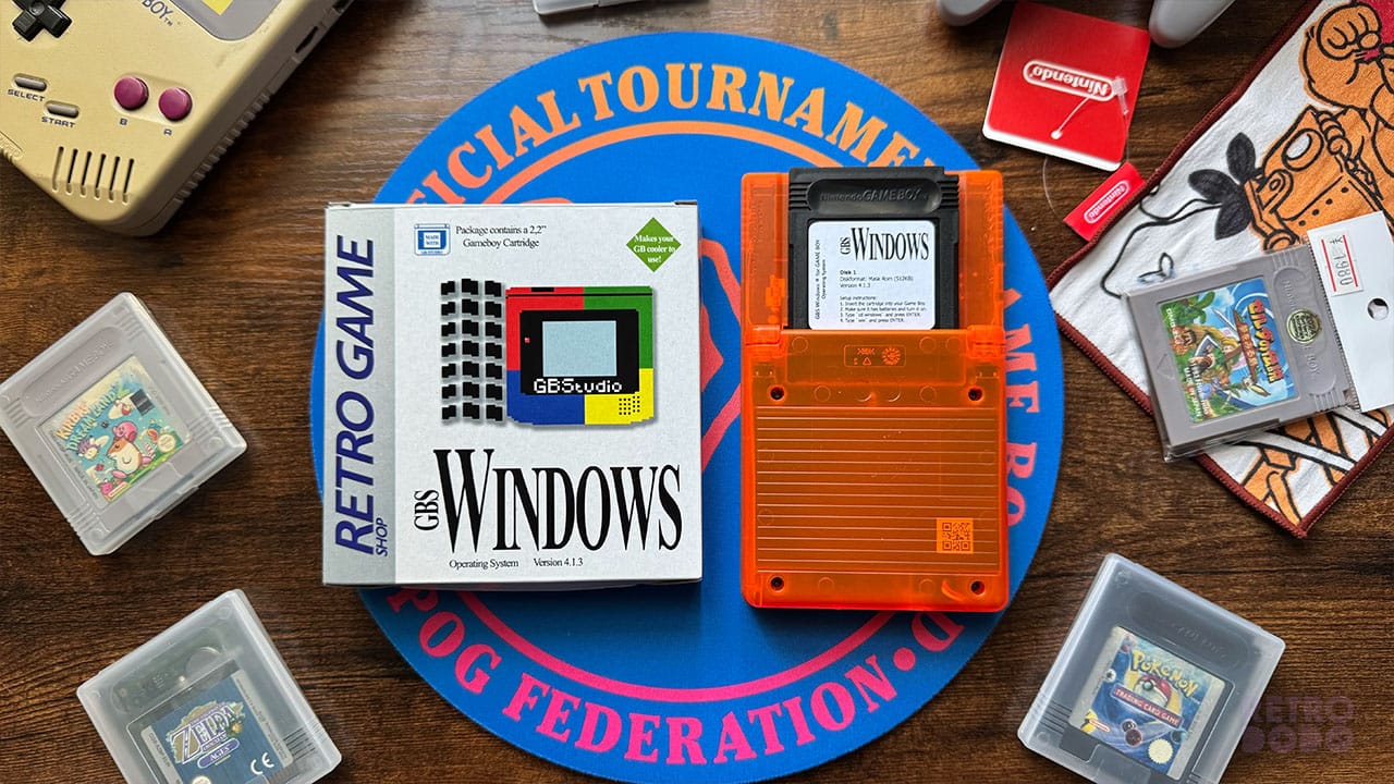 The GBS Windows box with the cartridge in the back of Seb's orange Analogue pocket