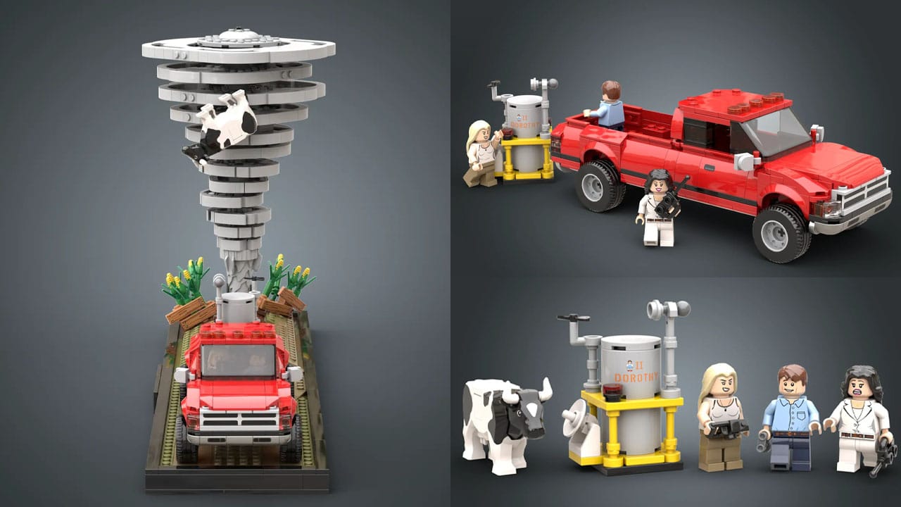 Pictures of a LEGO set depicting characters and equipment from the 1996 movie Twister